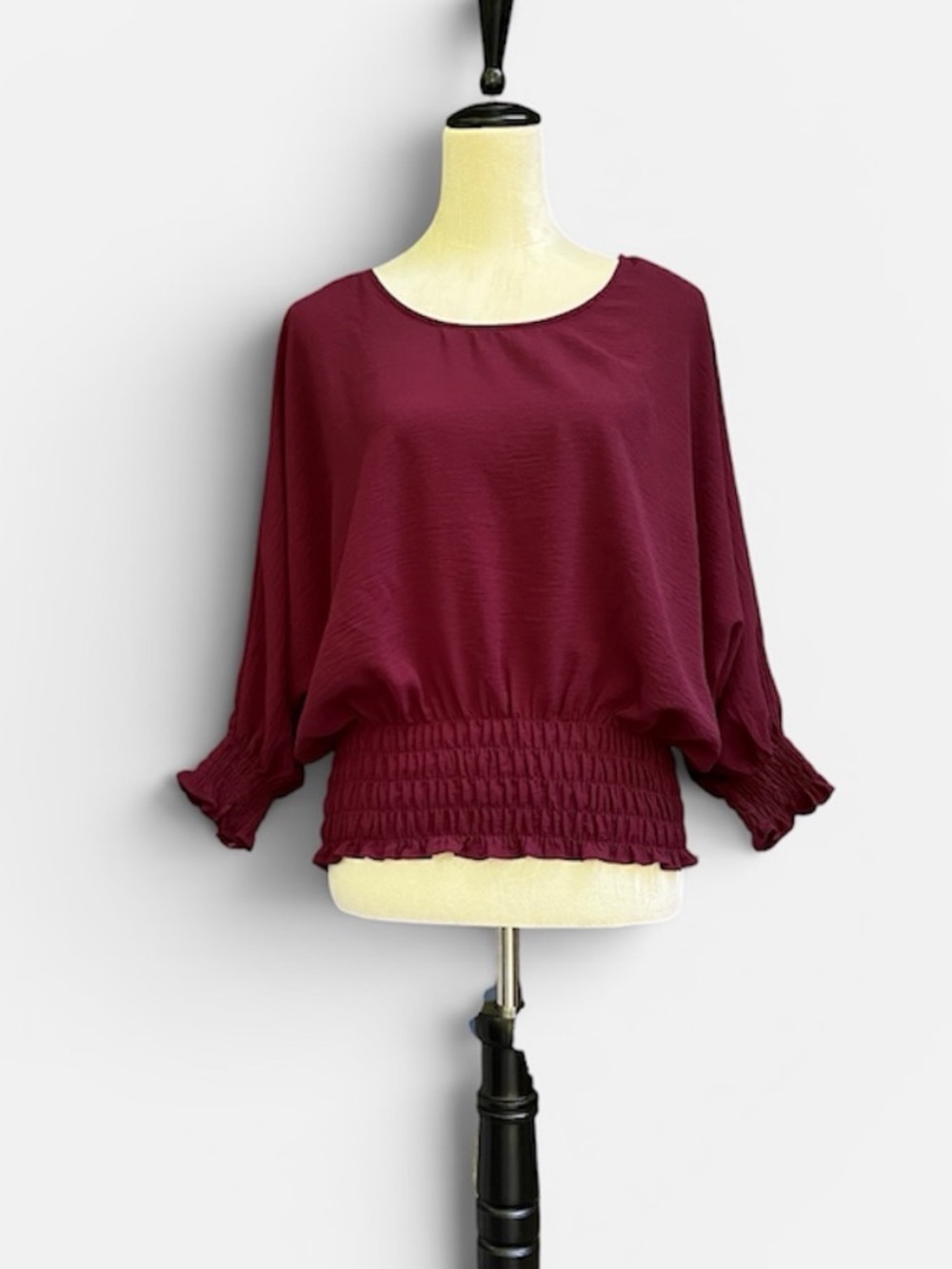 1. State Smocked Waist Dolman Sleeve Top in Deep Burgundy Size Small